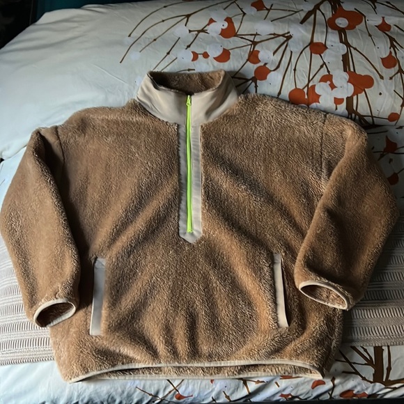 J. Crew Jackets & Blazers - J. crew camel tan Sherpa half zip pullover fleece with neon green zipper